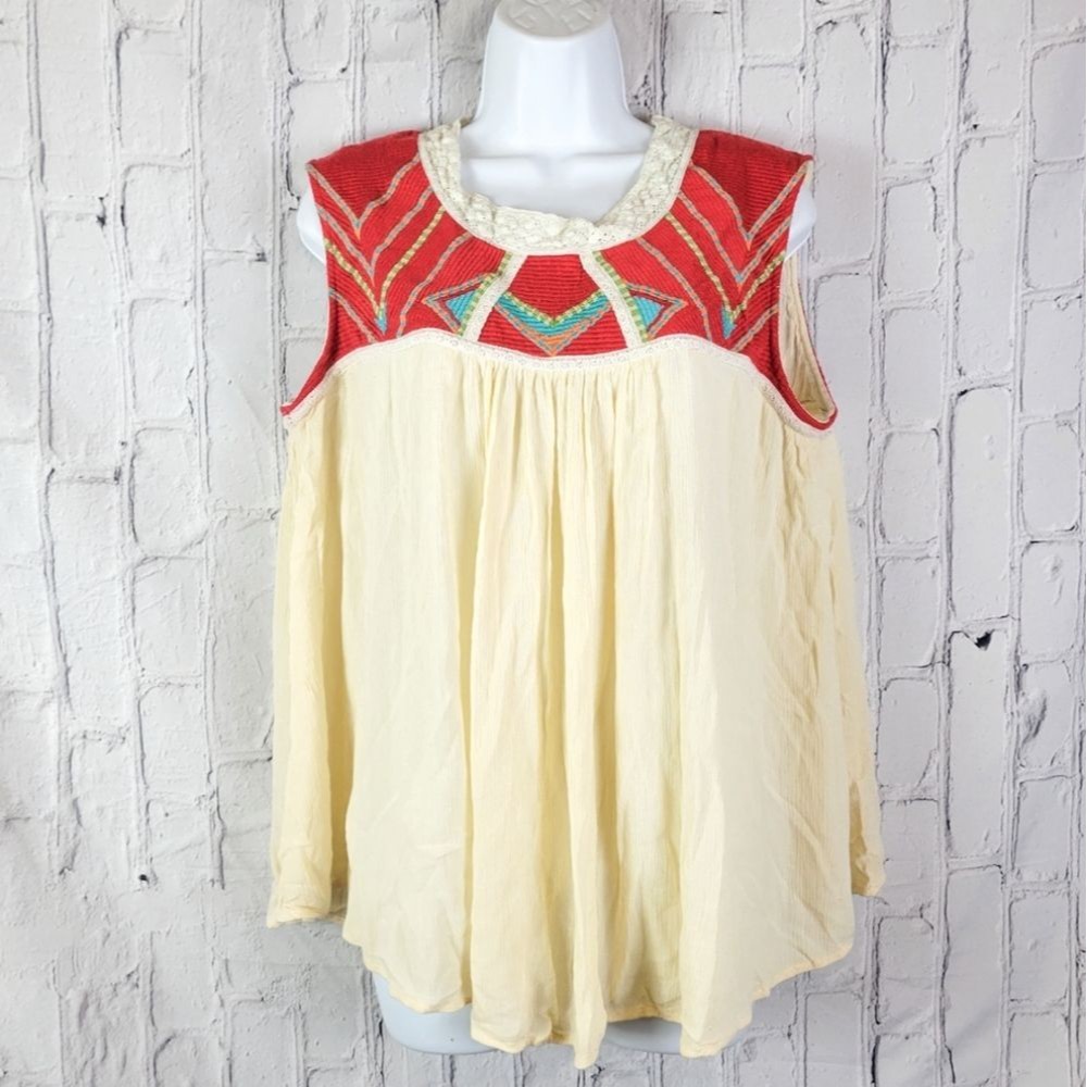 Ivy Jane cream embroidered crochet trim neck back flowy sleeveless blouse top